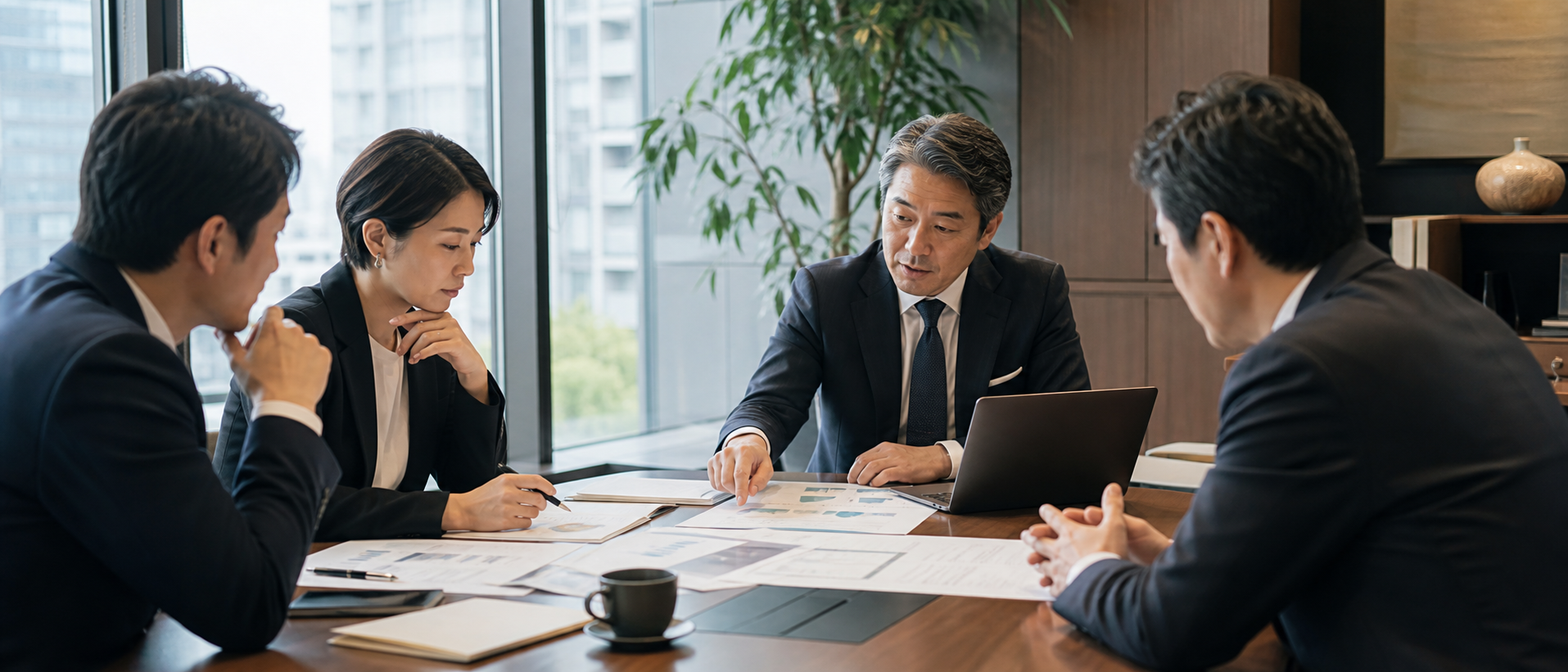 経営会議のシーン — テーブルを囲んで資料を見ながら議論する3〜4人