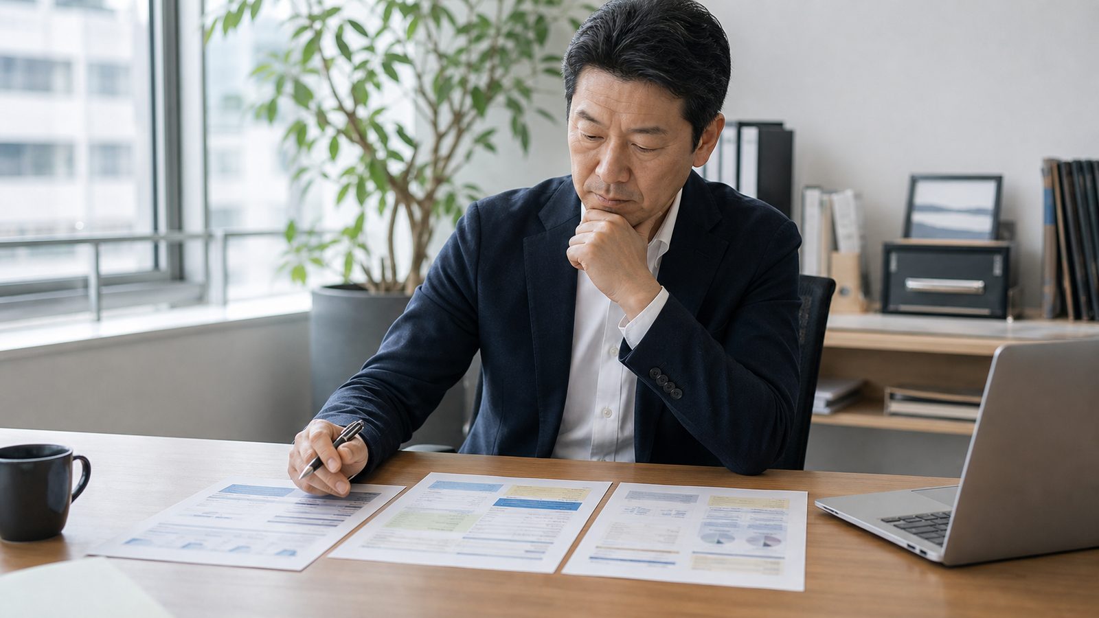 経営者がデスクで他社サービスの比較資料を眺めているシーン