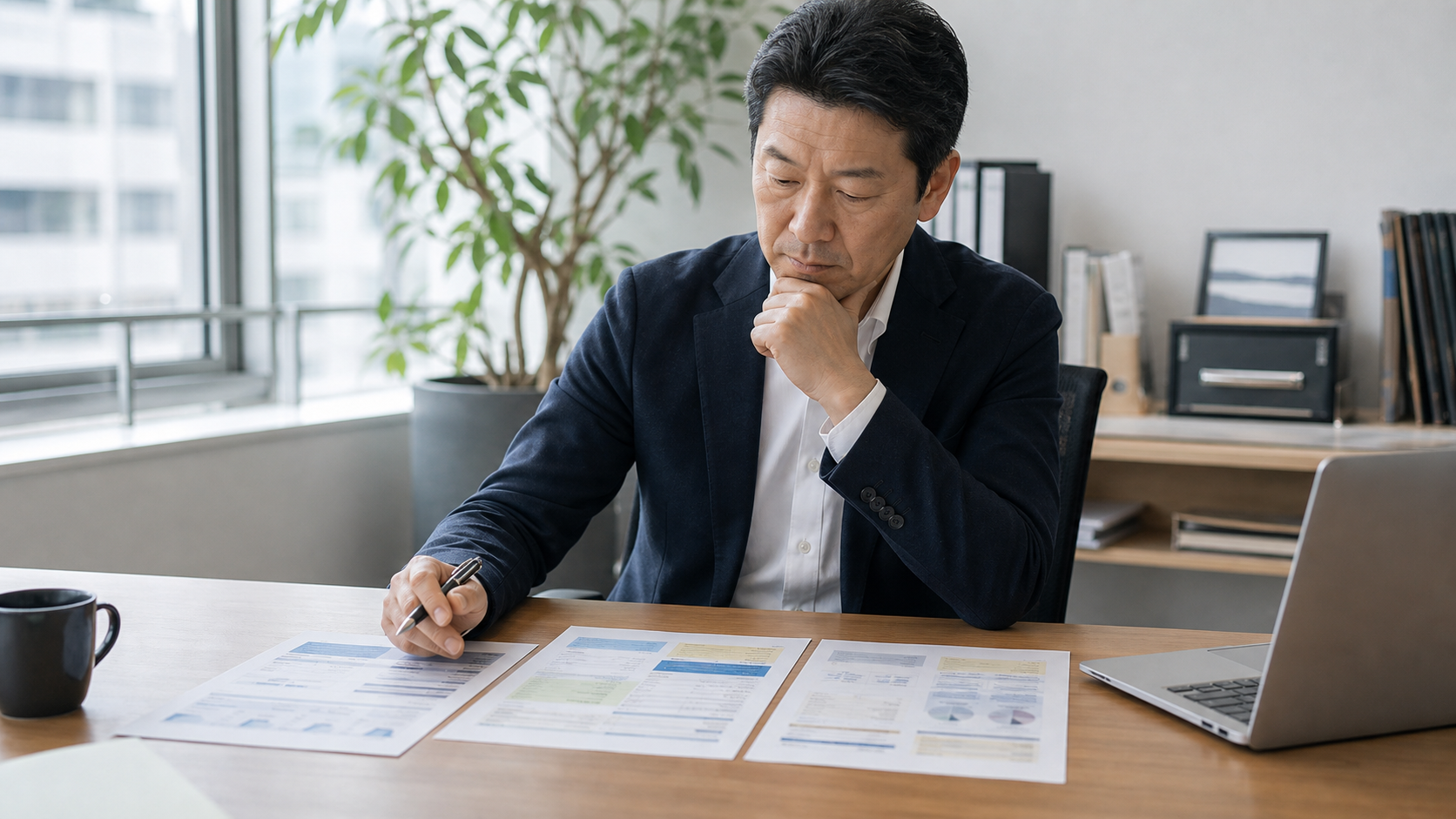 経営者がデスクで他社サービスの比較資料を眺めているシーン