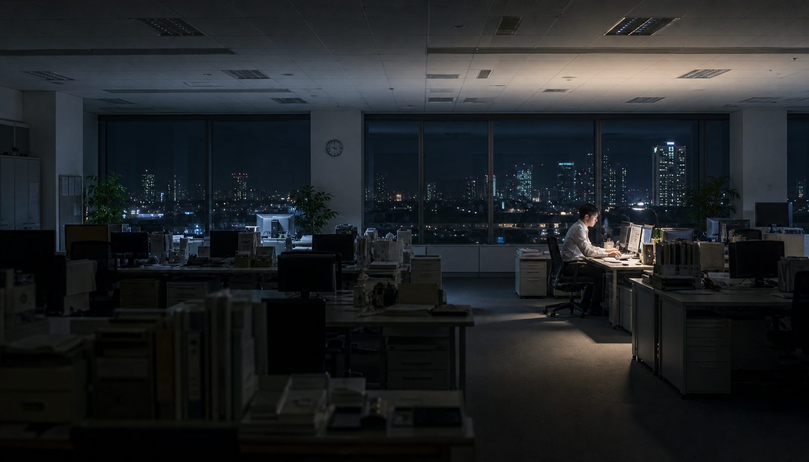 夜のオフィス — 1人がまだ働いている、窓越しに夜景