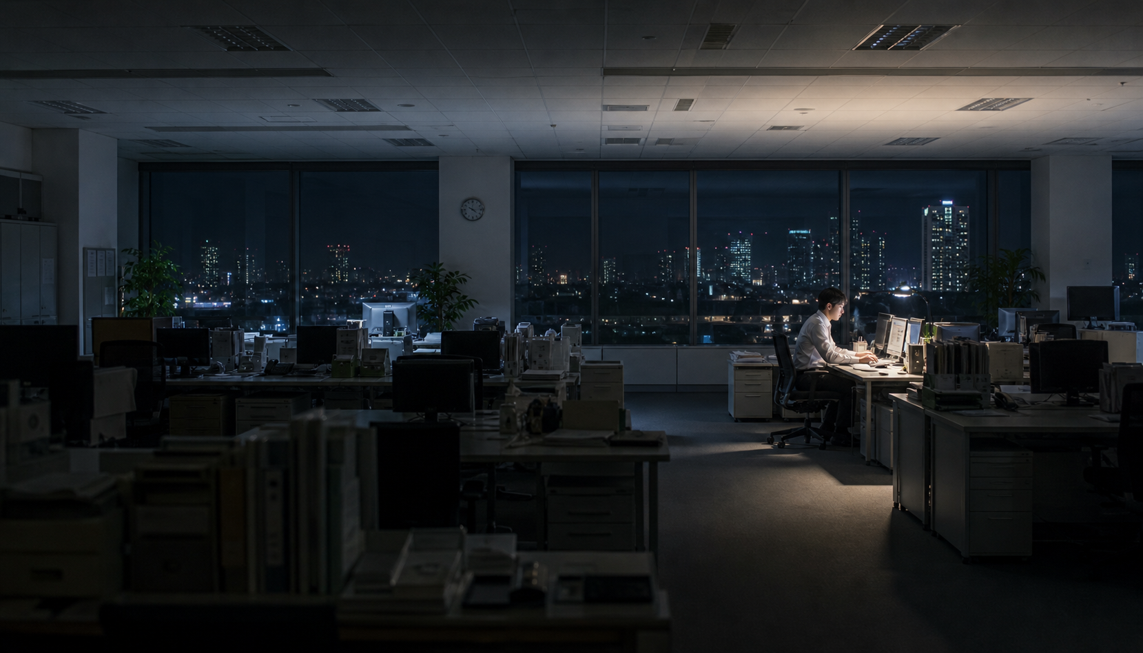 夜のオフィス — 1人がまだ働いている、窓越しに夜景