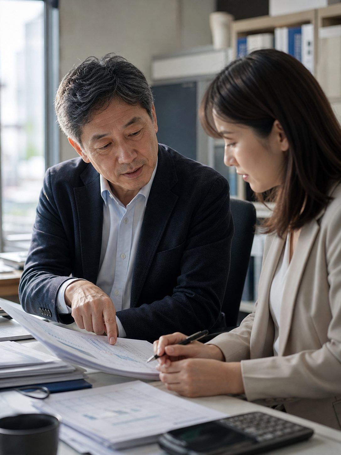 ベテラン社員が後輩に書類を見せながら口頭で説明している様子