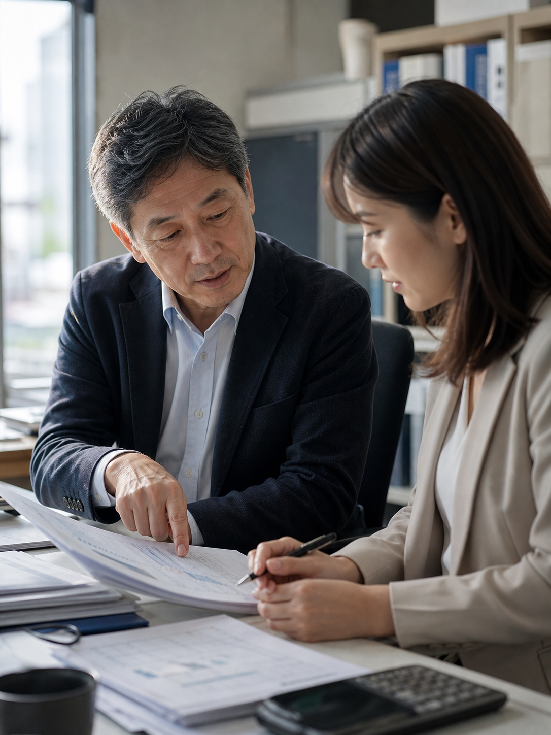 ベテラン社員が後輩に書類を見せながら口頭で説明している様子