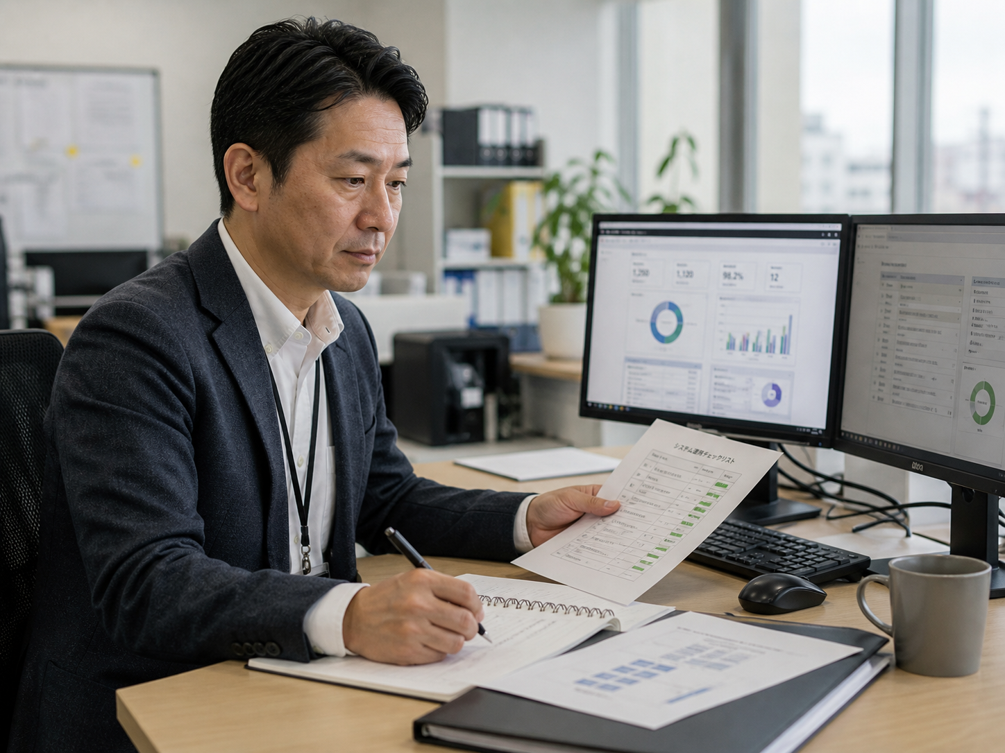 40-50代 情シス担当がマルチモニタで業務システムを操作している