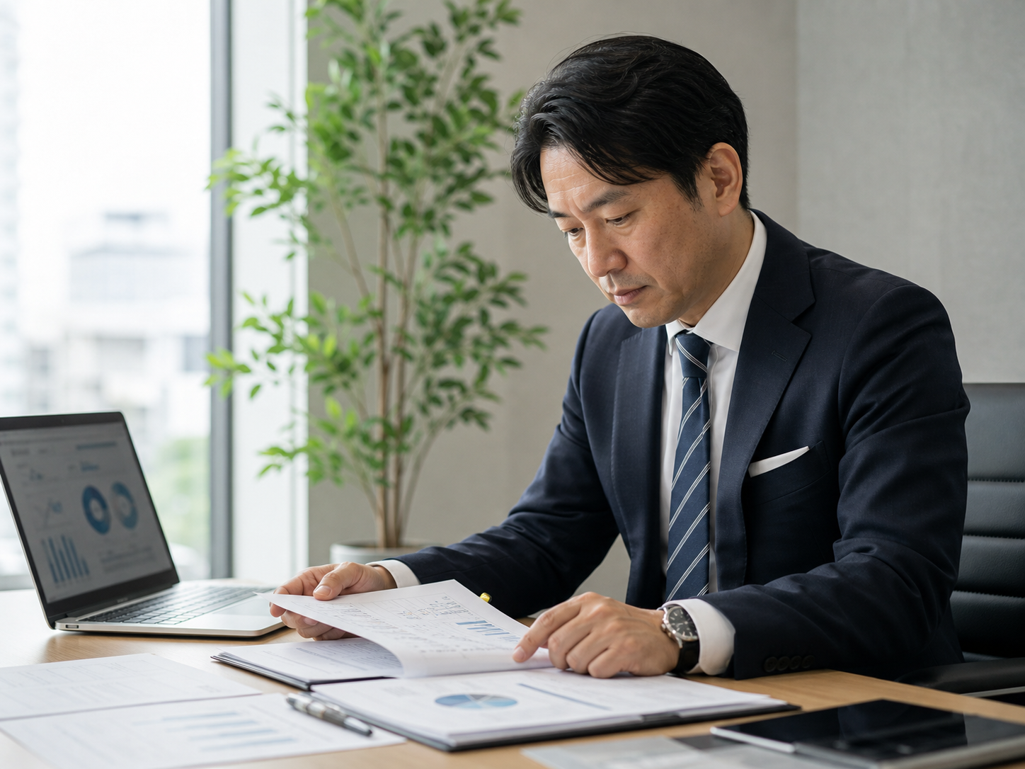40代 営業マネージャーがノートPCで商談記録を確認している