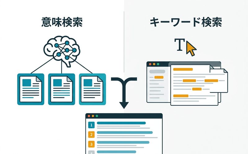 ハイブリッド検索のイメージ — 虫眼鏡とドキュメントが交差する